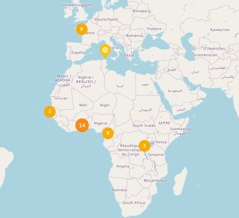 Vue cartographique des ateliers organisés en Afrique. 